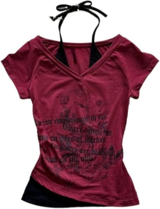 Emo Grunge Shirts Women 2000s Graphic Baby Tees Fake Two Piece Short Sleeve Vintage Y2k Crop Top Goth Alt Clothes