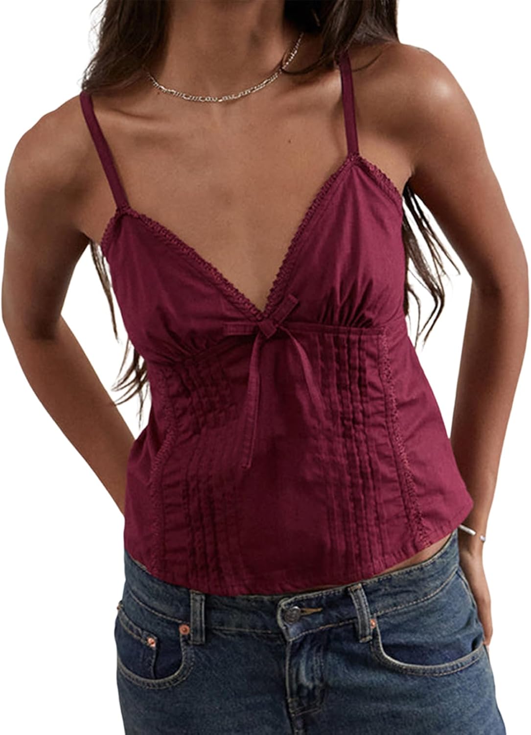 Women Y2k Babydoll Tank Tops Lace Trim V Neck Crop Cami Spaghetti Strap Peplum Top Summer Cute Aesthetic Flowy Shirts
