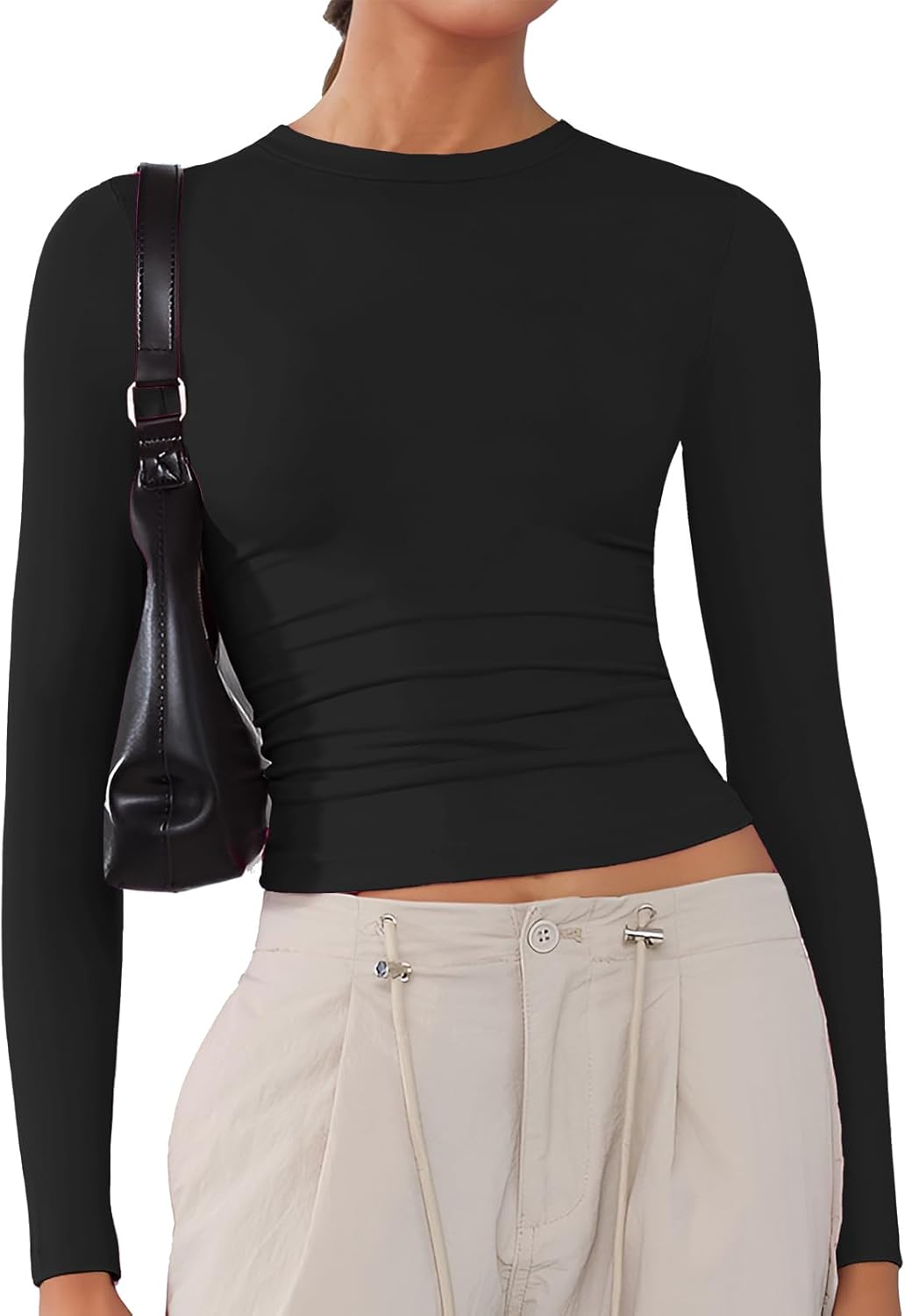 Women's Soft Long Sleeve Shirts Crew Neck Tops Basic Tees Stretchy Going Out Crop Tops Y2K Slim Fit T-Shirts