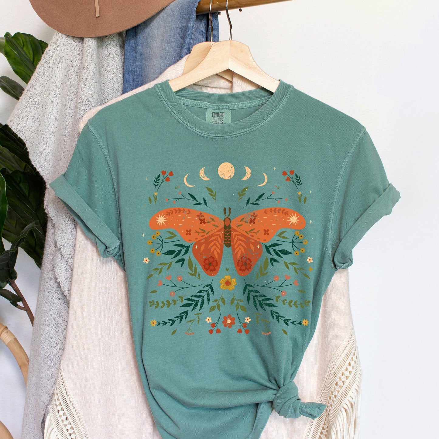 Moth Moon Phases and Ferns Celestial T-Shirt
