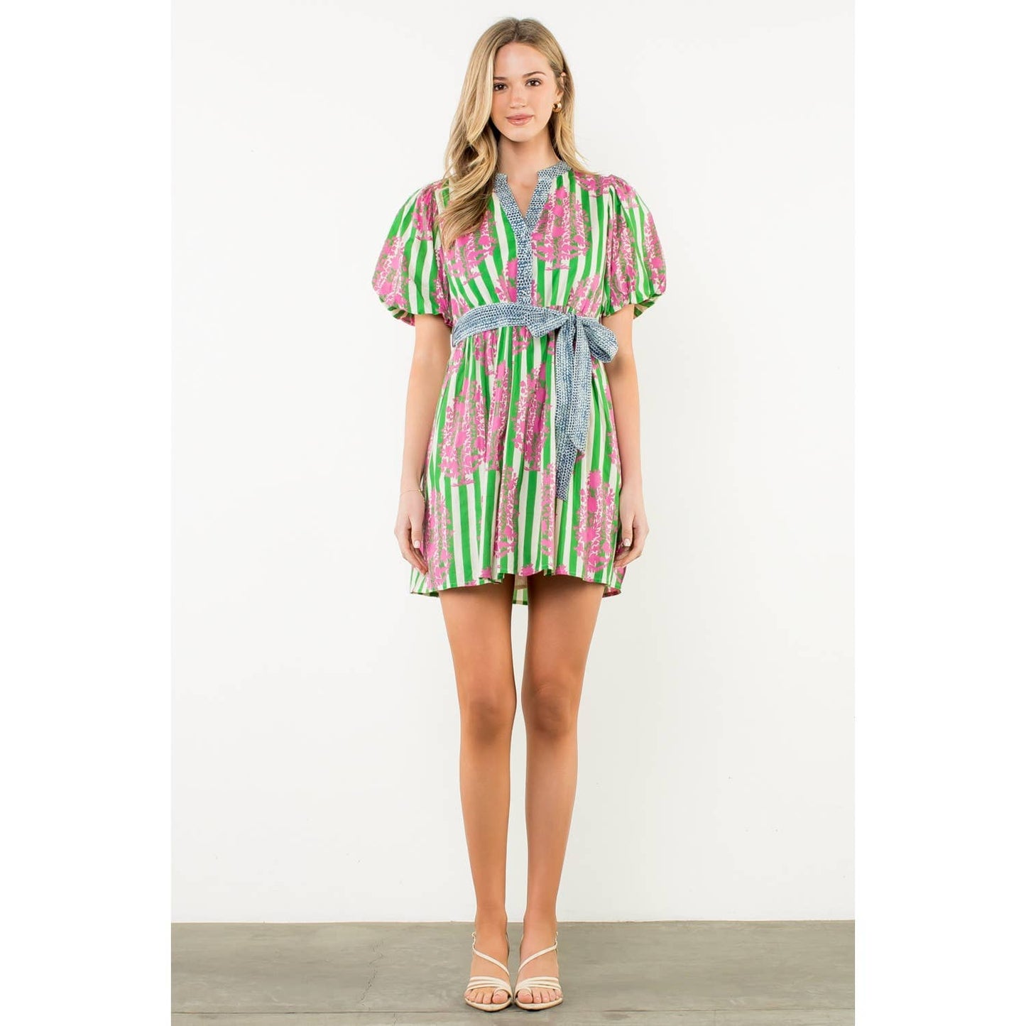 Tie Waist Puff Sleeve Print Dress