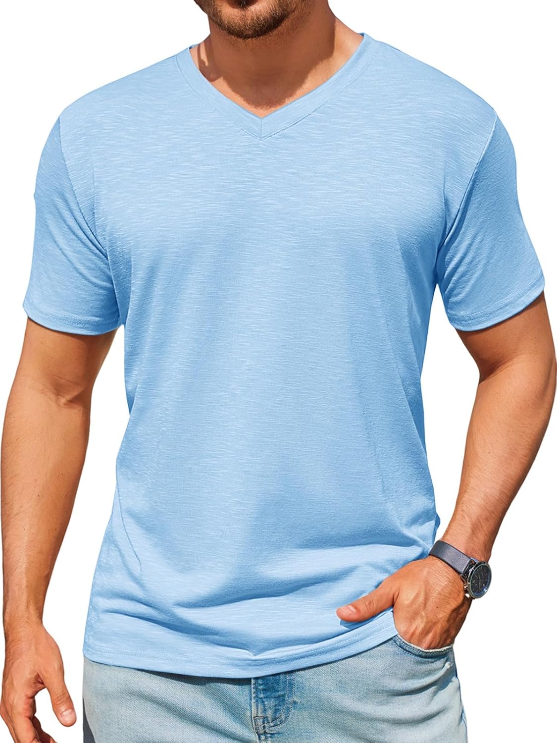 Mens T-Shirts Short Sleeve V Neck Casual Classic Shirt Summer Stretchy Regular Fit Lightweight Tees