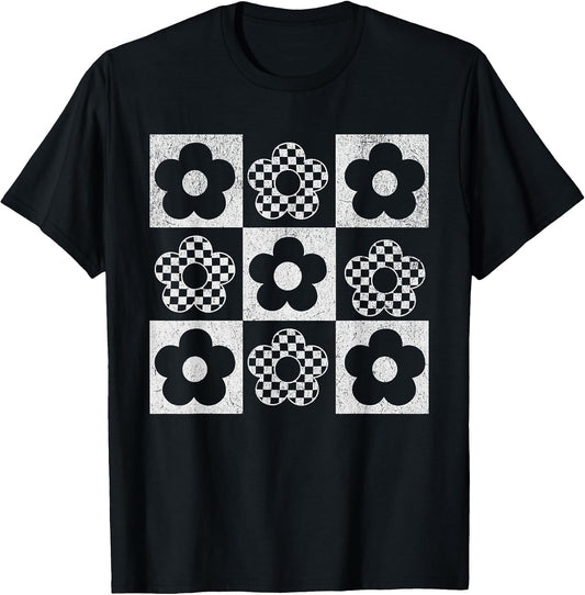 Retro Checkerboard Flower Pop Art T-Shirt