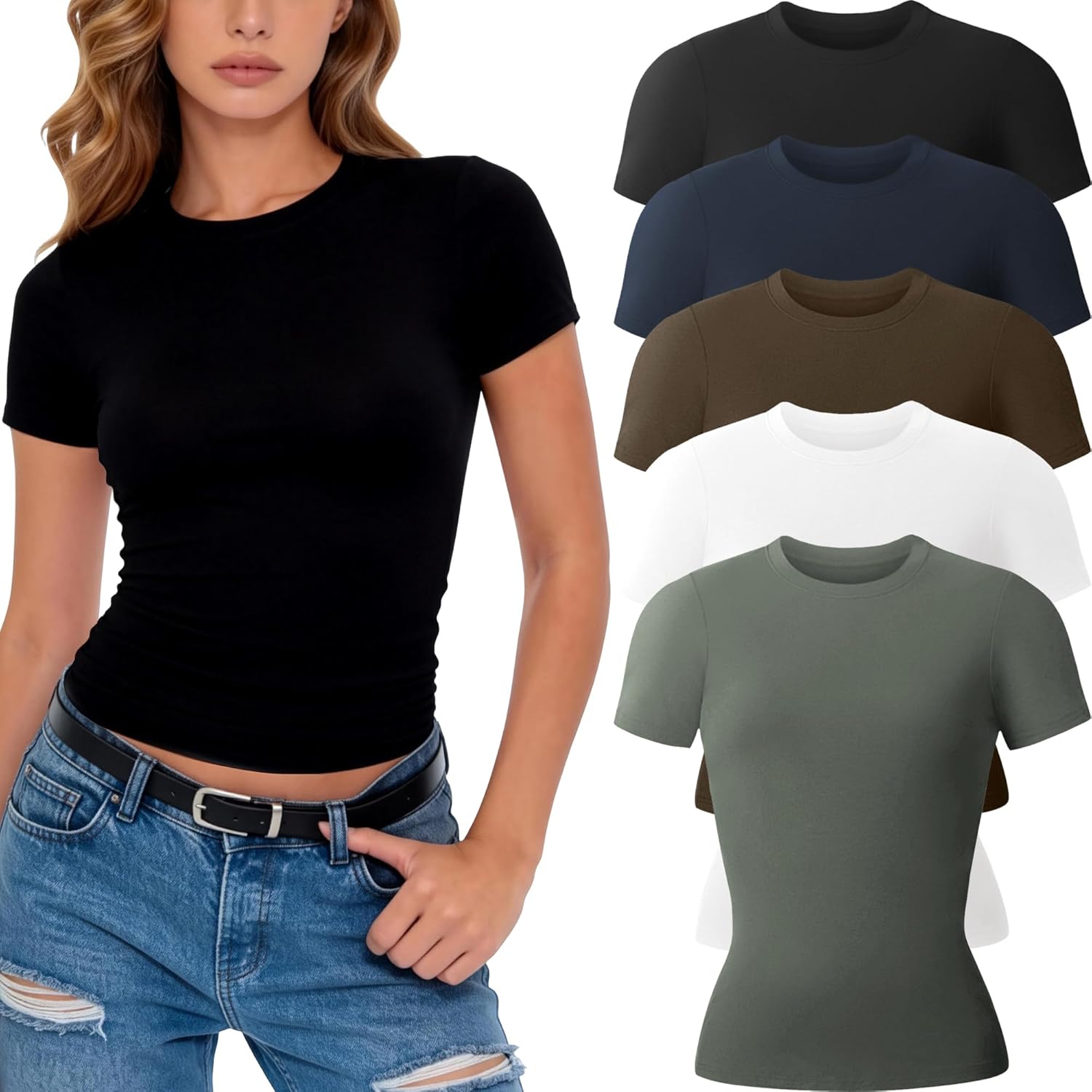 3/5 Pack Womens T Shirts Crew Neck Short Sleeve Shirts for Women Casual Basic Tees Fitted Stretchy Layering Tops