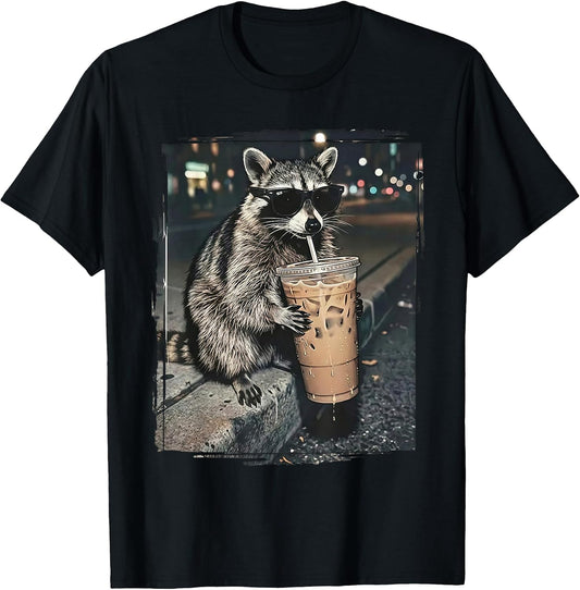 Raccoon Drinking Iced Coffee Funny Animal Meme Men Women T-Shirt