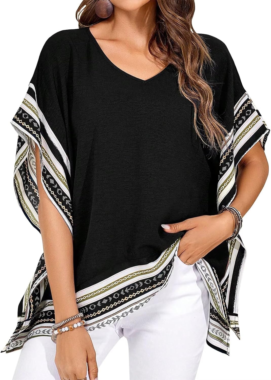 Women's Casual V Neck Floral Tops Batwing Sleeve Blouse Loose Fitting Shirts Boho Flowy Side Slit Tees