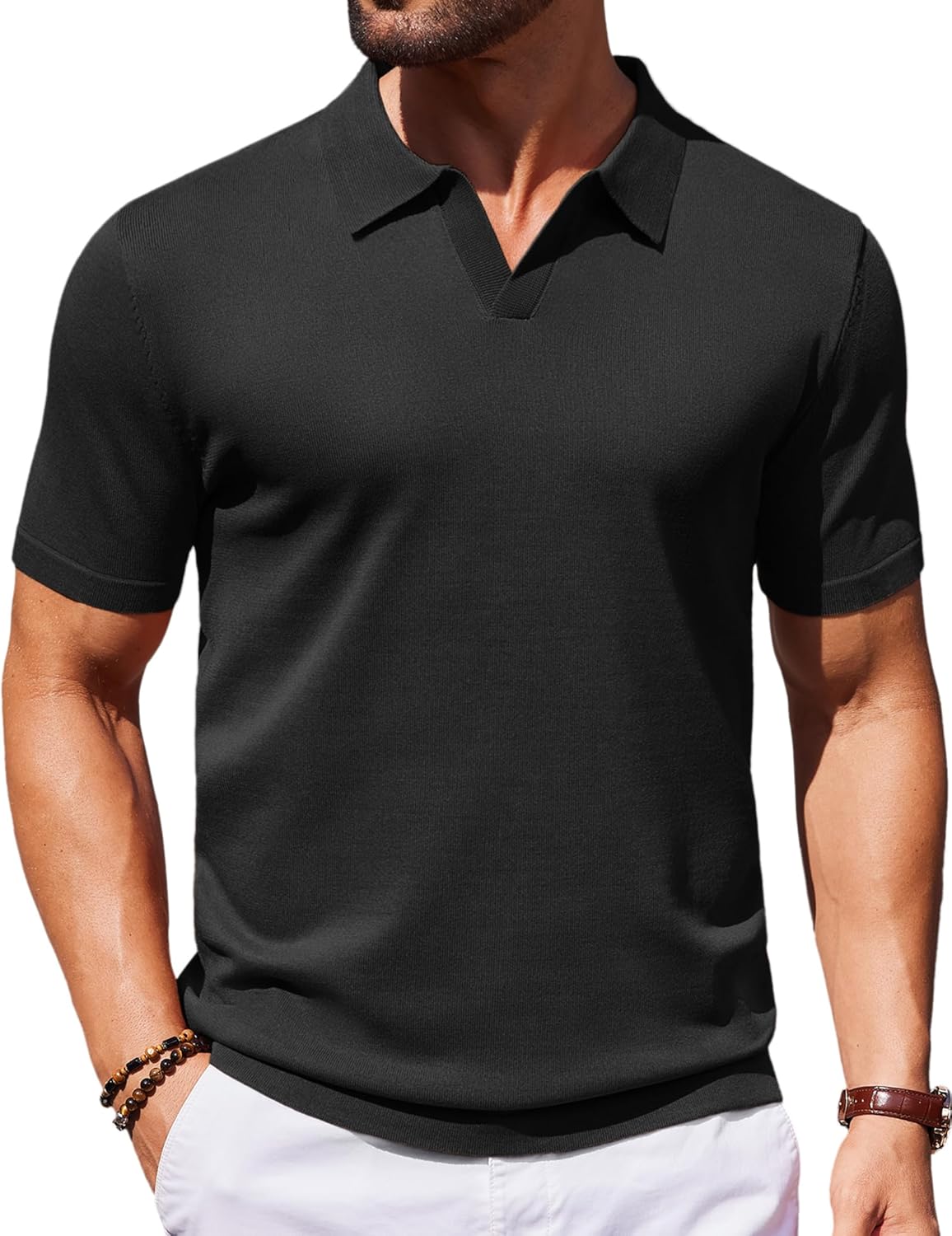 Men's V Neck Short Sleeve Stretch Knit Polo Shirt