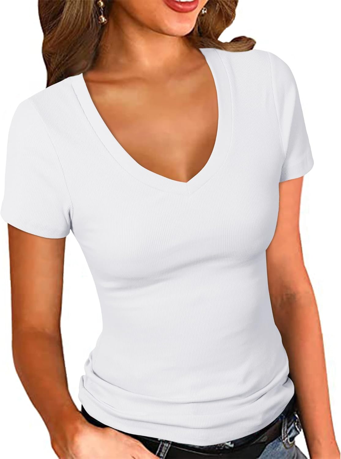 Women's Short Sleeves Ribbed Fitted Shirt Basic V Neck Slim T Shirt Tops