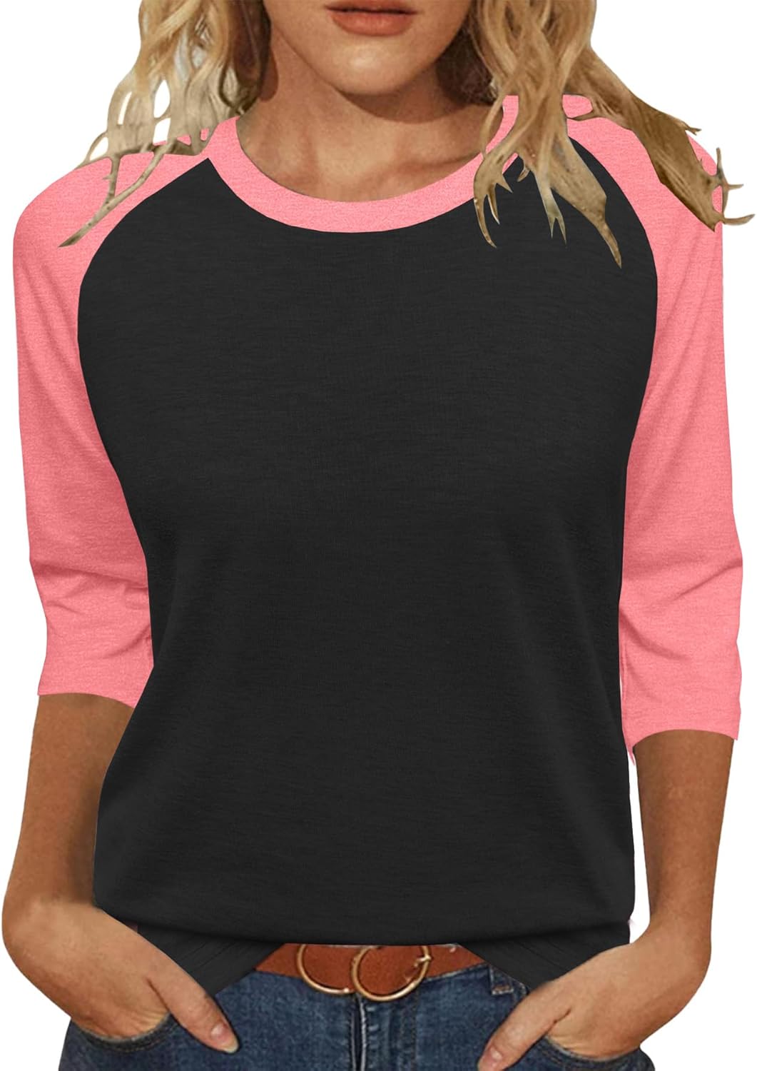 Womens Tops 3/4 Sleeve Shirts Round Neck Loose Casual Tshirts Color Block Summer Tees
