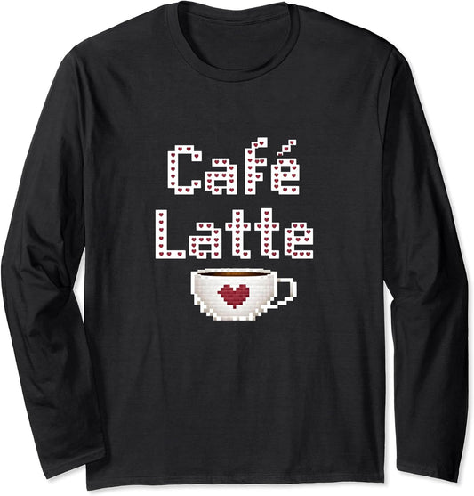 Pixel Art Coffee Latte Cafe Funny Graphic Long Sleeve T-Shirt