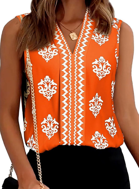 Women's Summer Tank Tops Chiffon V Neck Sleeveless Floral Printed Shirts Blouse