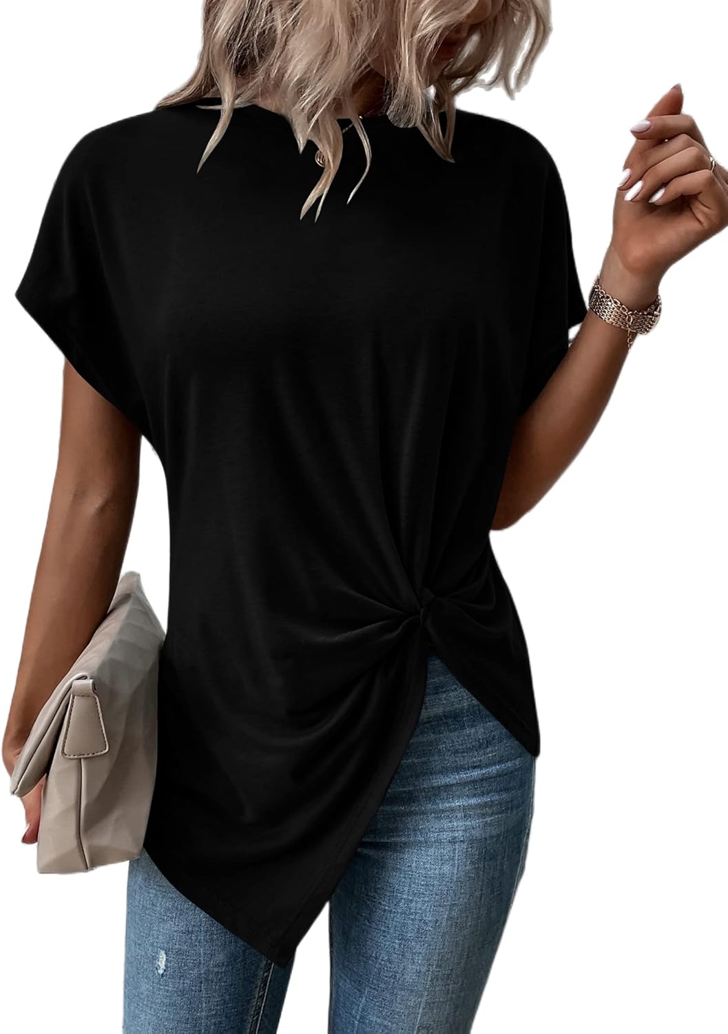 Asymmetrical Tops for Women Twist Front Top Crewneck Knot Short Sleeve T Shirts