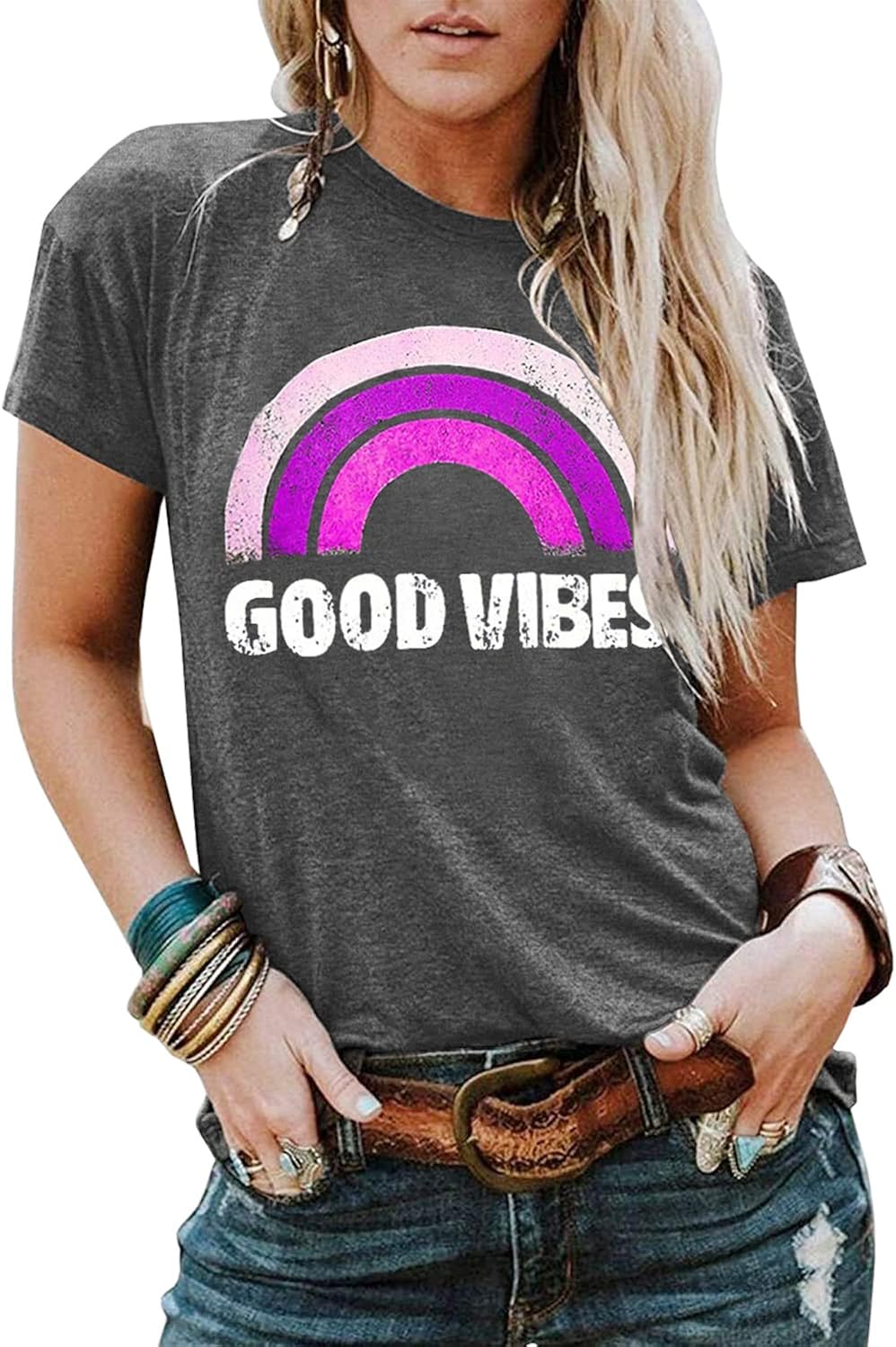 Womens Graphic Tees Short Sleeve Summer Tops Funny Letter Print Crew Neck Casual Loose Cute T Shirts