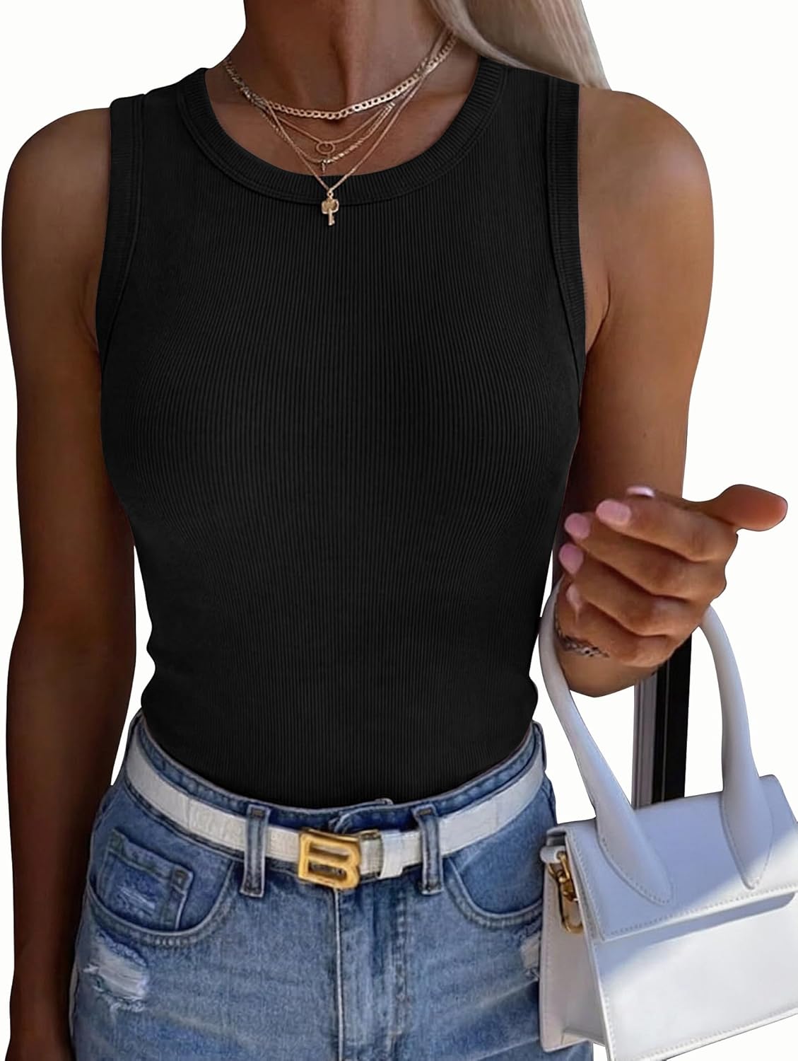 Womens Sleeveless Crewneck Ribbed Tank Tops Casual Basic Summer Top Slim Fitted Racerback Shirts