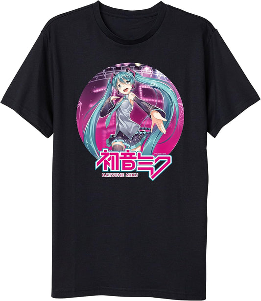 Hatsune Miku Anime Cartoon Circle Frame Black Graphic Tee