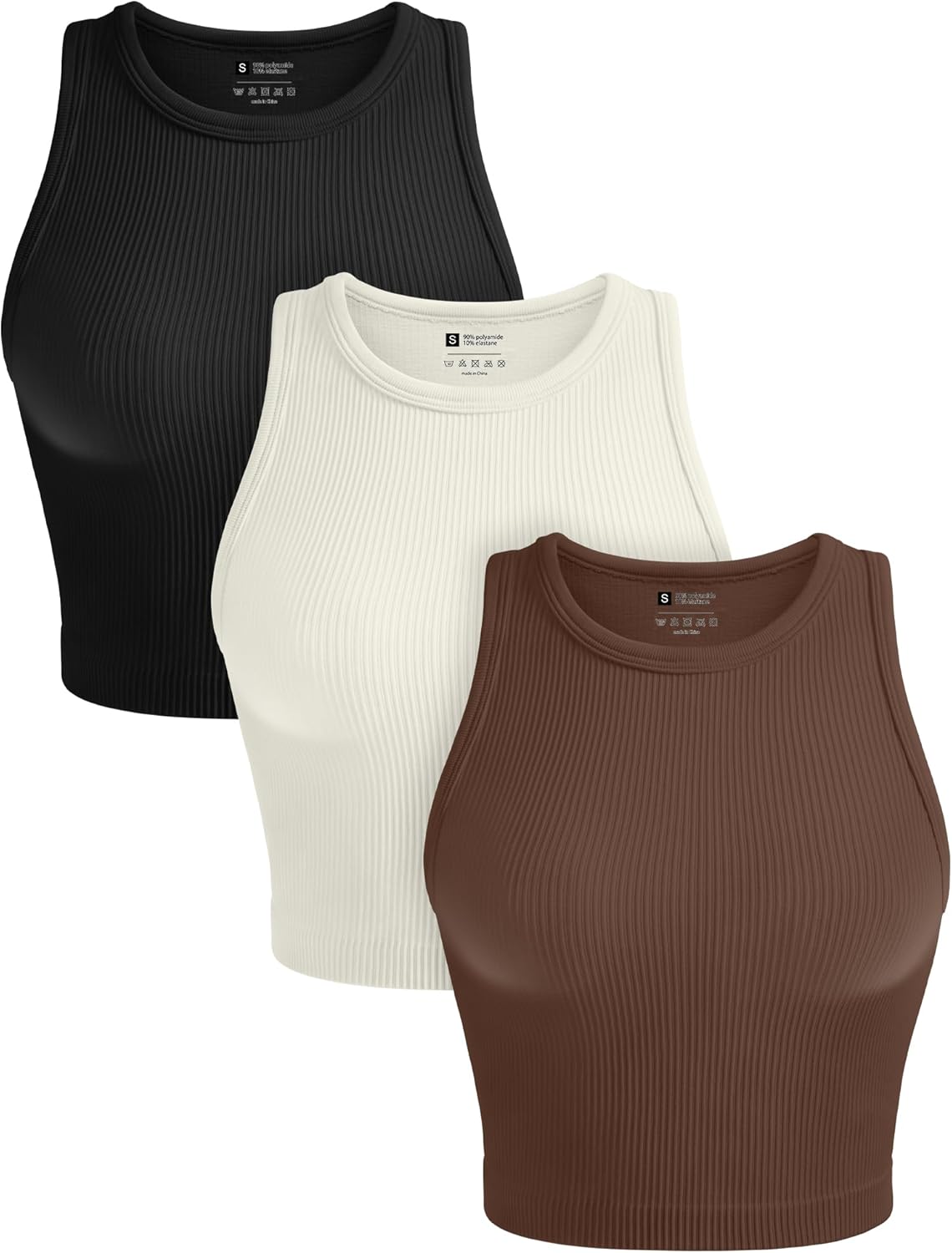 Womens 3 Pack Crop Tank Tops Basic Seamless Ribbed Round High Neck Racerback Workout Top Summer Causal Yoga Gym Shirts