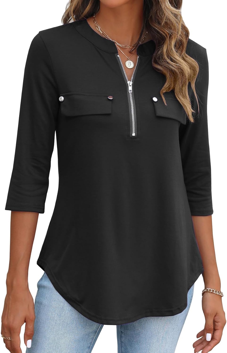 Women's 3/4 Length Sleeve V Neck Flowy Tunic Blouses Work Tops Shirts with Zippers