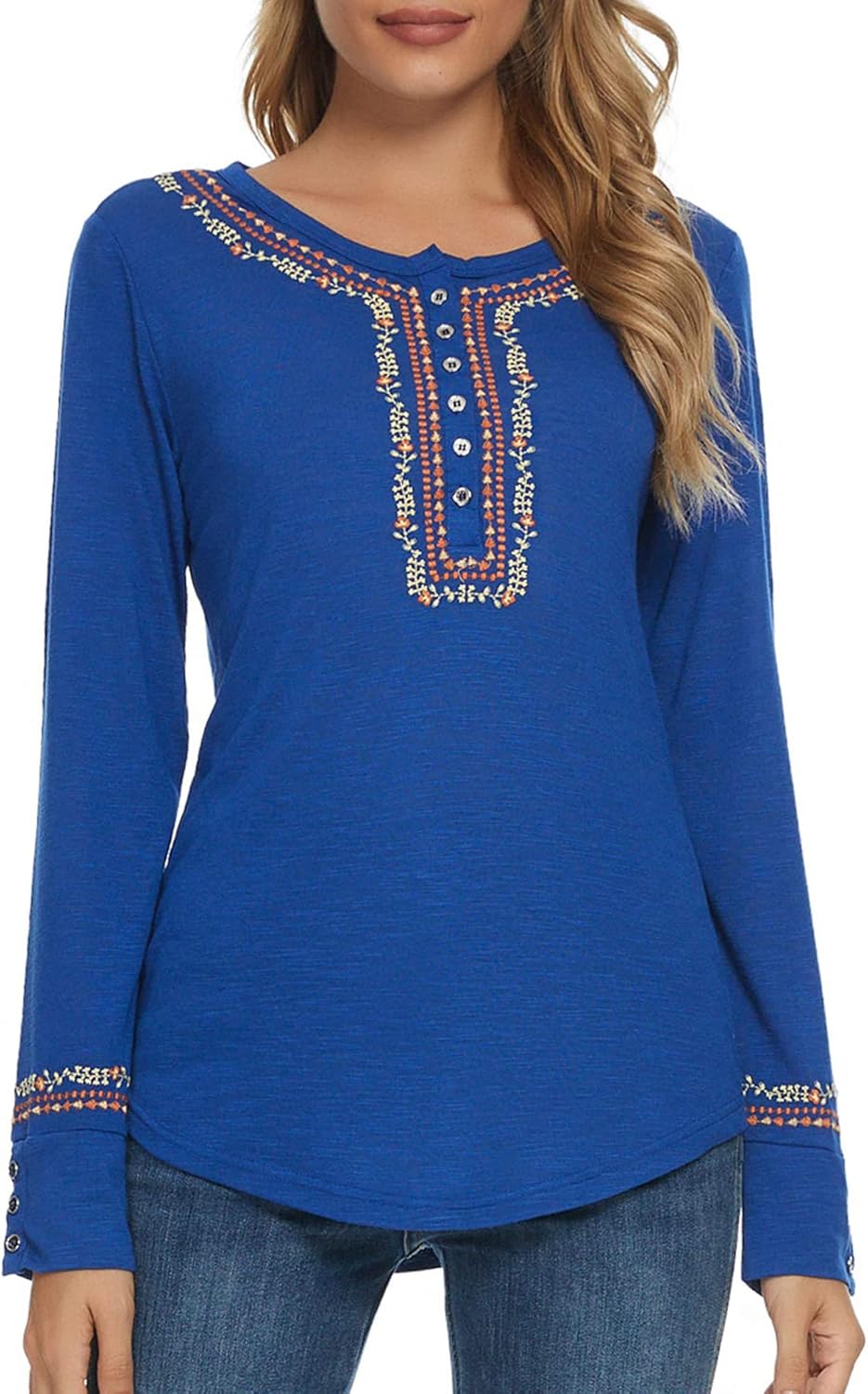 Women's Long Sleeve Boho Shirt Embroidered Top