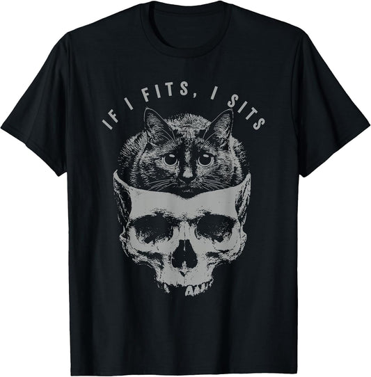 If It Fits I Sit Black Cat Skull Minimalist Meme Humor T-Shirt