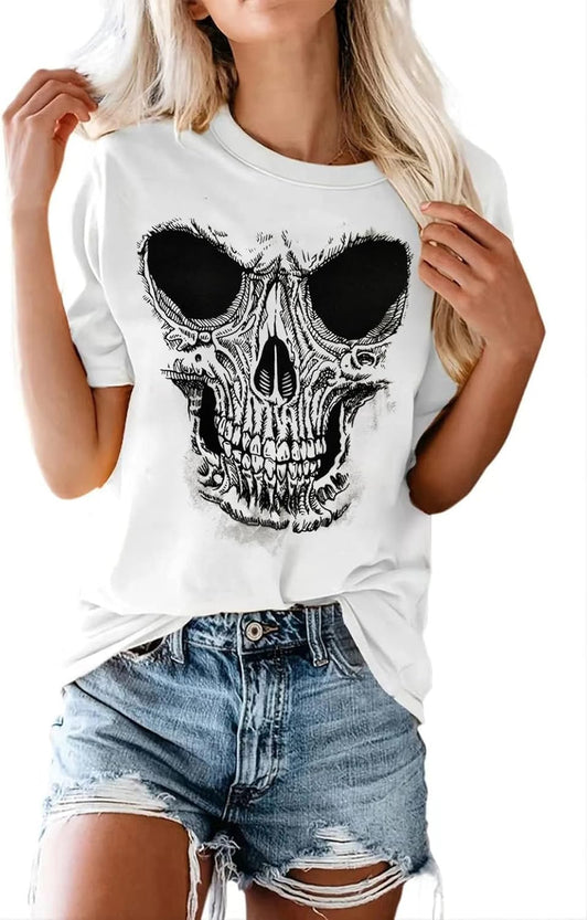 Skull Shirt for Women Vintage Skeleton Graphic Tees Goth Punk Rock T Shirts Novelty Horror Halloween Tee Tops