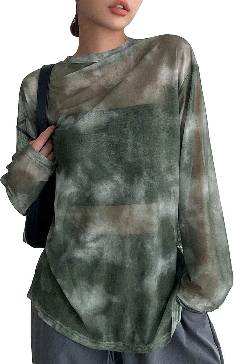 Women's Y2k Tie Dye Sheer Mesh Top Long Sleeve Oversized Rave Streetwear Tops Whimsical Clothes
