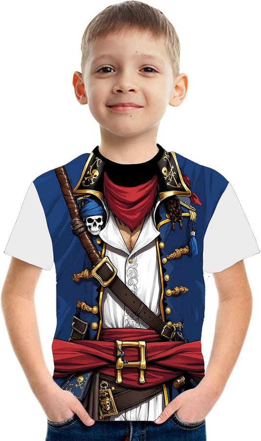 Anime Pirate Captain Boys T-Shirt Funny Knight Tee Crewneck Short Sleeve Loose Fashion Kids Top