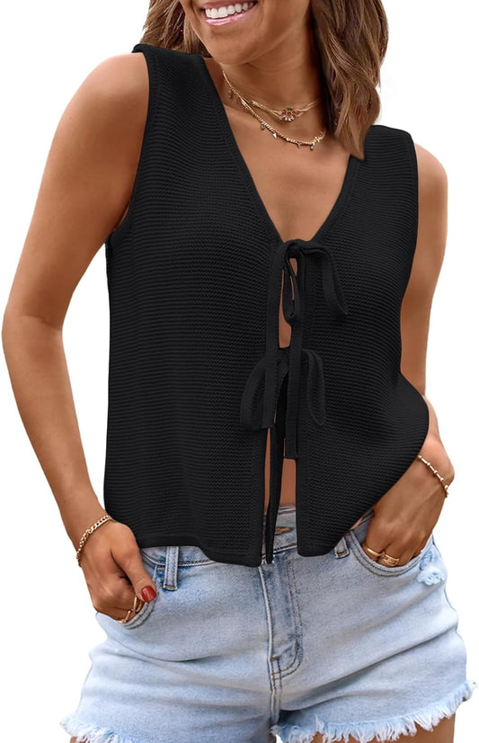 Womens Summer Tops Beach Vacation Spring Outfits Cute Y2K Trendy Sweater Vest 2026 Tank Tie Front Crochet Clothes