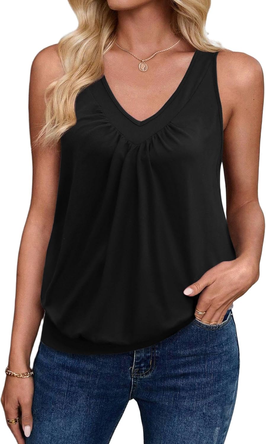 Womens Tank Tops Loose Fit V Neck Ruched Sleeveless Tops Casual Basic Banded Shirts S-XXL