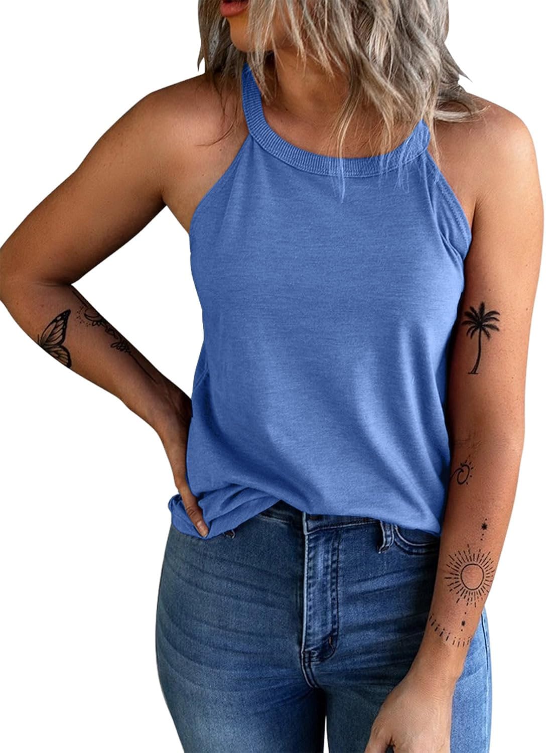 Women's Summer Sleeveless Halter Tee Shirts Crew Neck Workout Tank Tops Casual Plain Cami Shirts