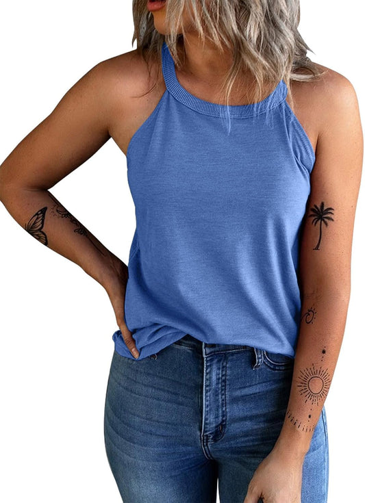 Women's Summer Sleeveless Halter Tee Shirts Crew Neck Workout Tank Tops Casual Plain Cami Shirts