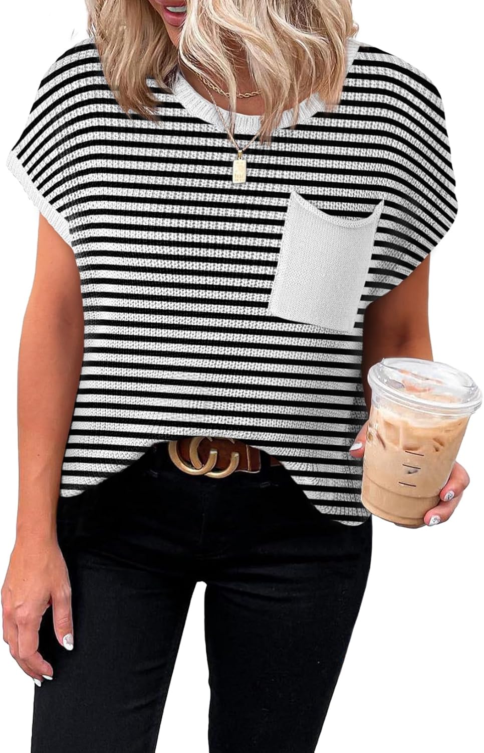 Women's Casual Short Sleeve Loose Tunic Tops Lightweight Knit Spring Pullover Sweater Blouses