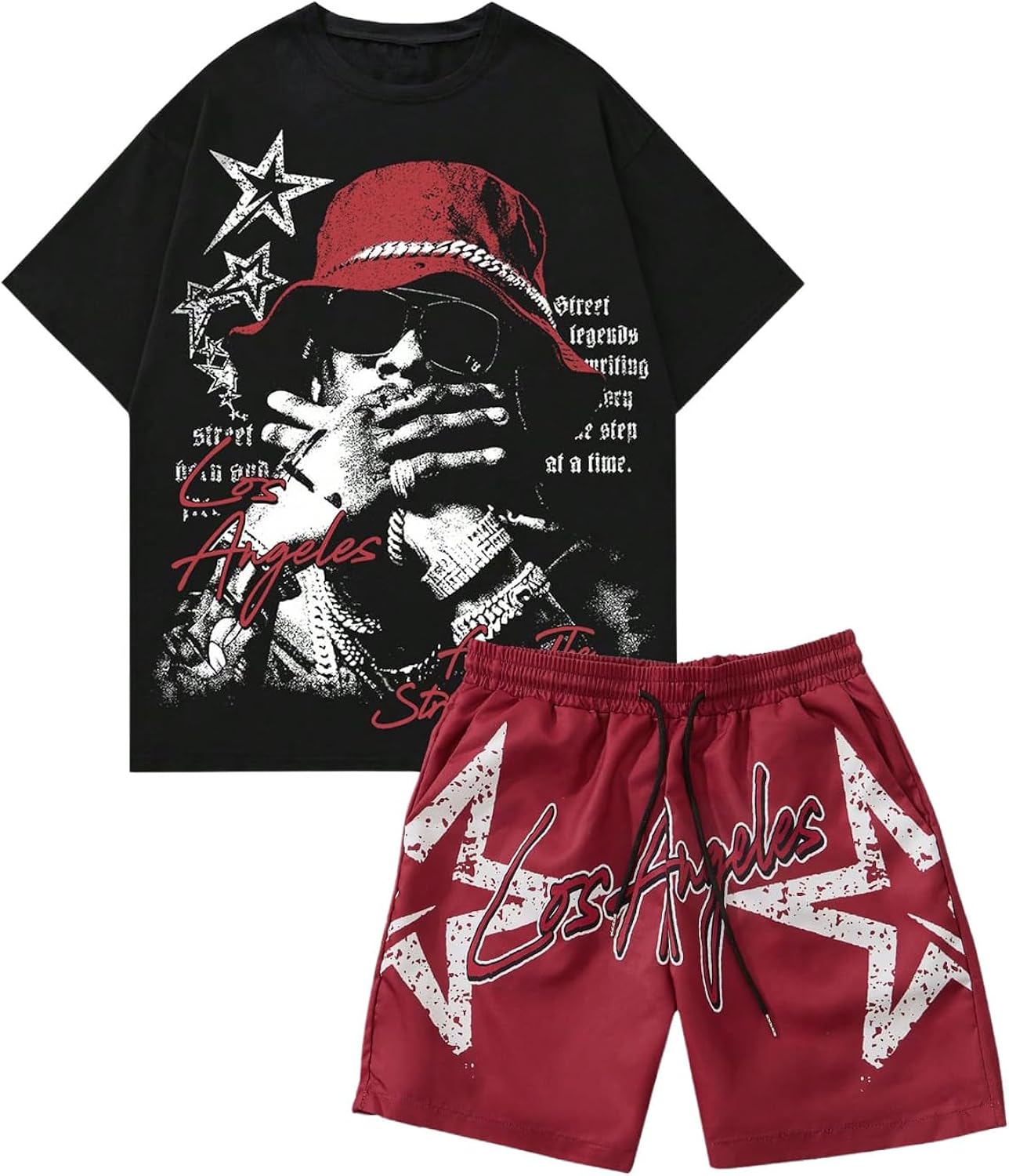 Men's 2 Piece Outfits Y2K Graphic Short Sleeve T Shirt and Drawstring Waist Shorts Set