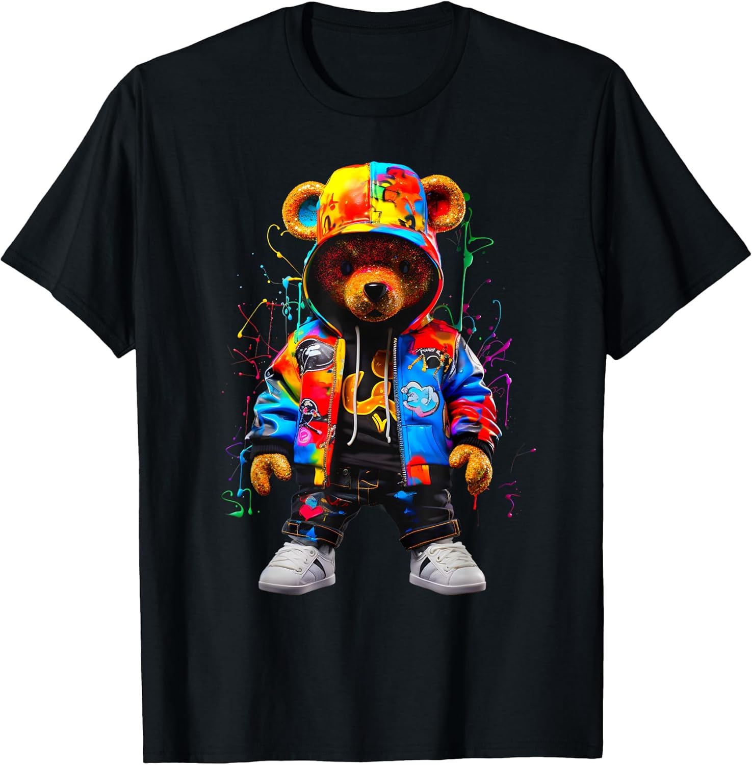Hip-Hop Teddy-Bear Colorful Teddybear with Hoodie Graphic T-Shirt
