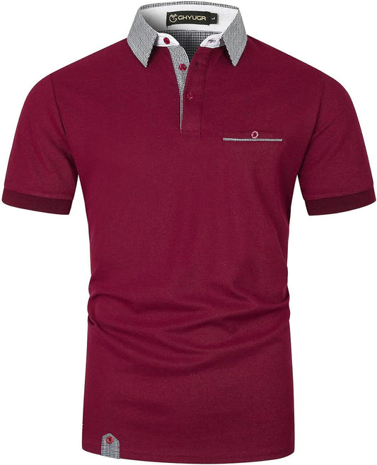 Men's Polo Shirts Short Sleeve Slim Fit Polo Casual Plaid Splice T-Shirts