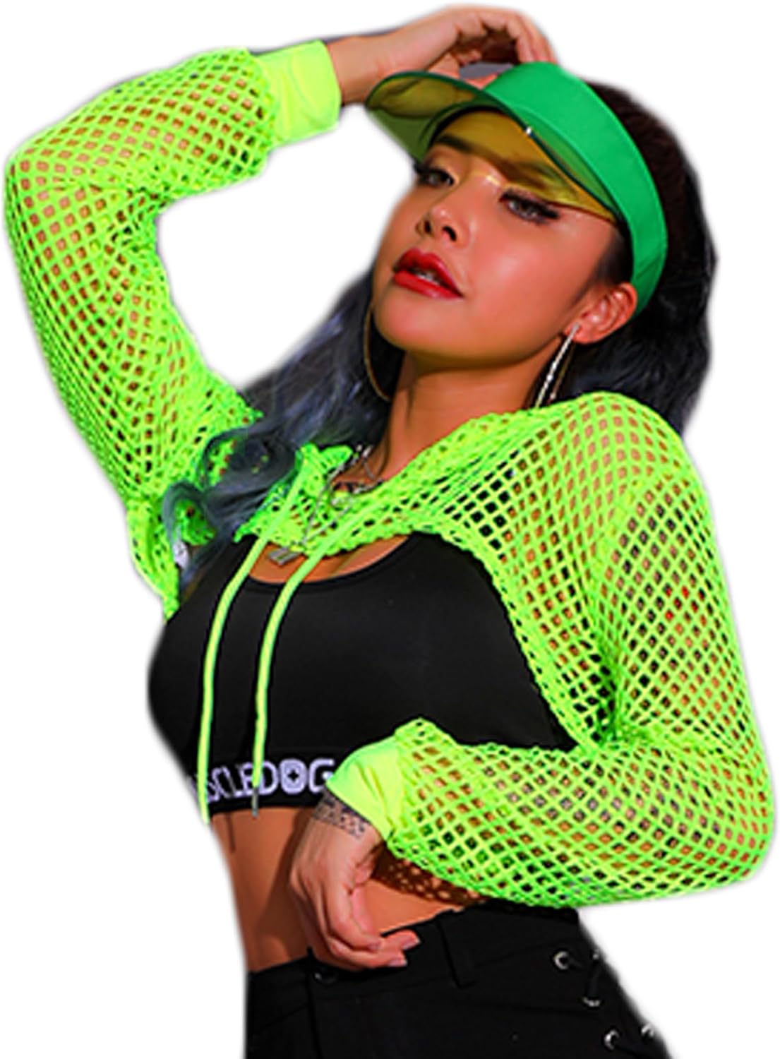 Mesh Crop Top Hoodie Rave Tops For Women Long Sleeve Fishnet Shirt for Festival Club Party