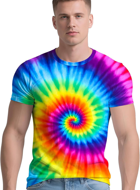 Men's Retro Tie Dye T Shirts 70s 80s 90s Washable Short Sleeve Hippie Clothes Vintage Tees for Casual Wear Size:S-3XL