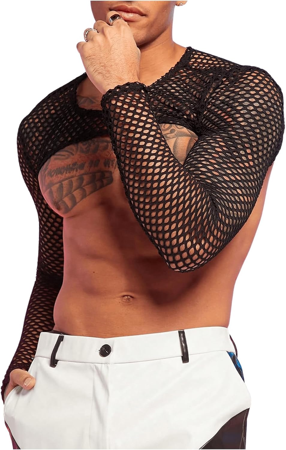 Men's Fishnet Sheer Mesh Long Sleeve T-Shirt Crop Top Slim Fit Party Tee Tops