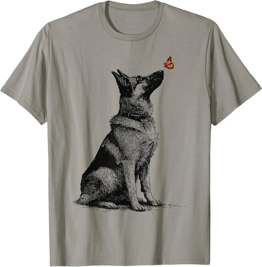 German Shepherd with Butterfly Minimalist Dog Lover Design T-Shirt