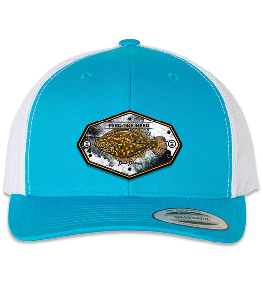Flounder Kraken 6 Panel Trucker Snap Back Turquoise White Hat