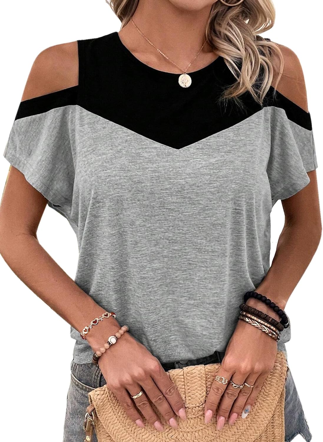 Women's Cut Out Cold Shoulder Tops Summer Color Block Short Sleeve Sexy Shirts