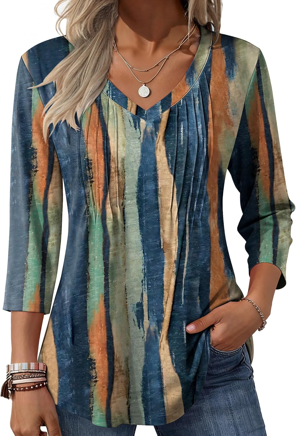 3/4 Length Sleeve Womens Tops Casual V Neck Pleated Top Boho Floral Blouses Work Shirts