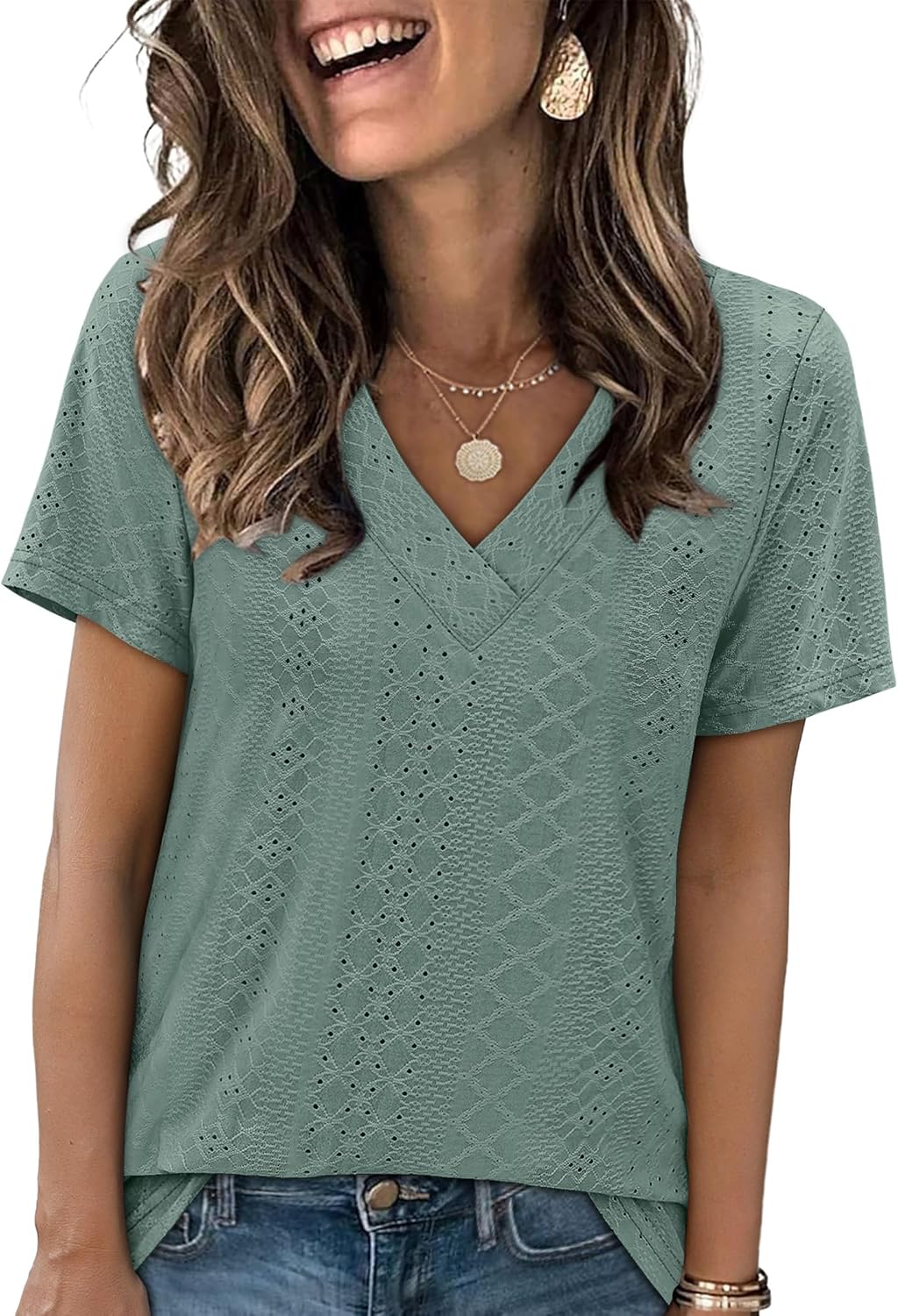 Women's Eyelet Crossed V Neck Short Sleeve T-Shirt