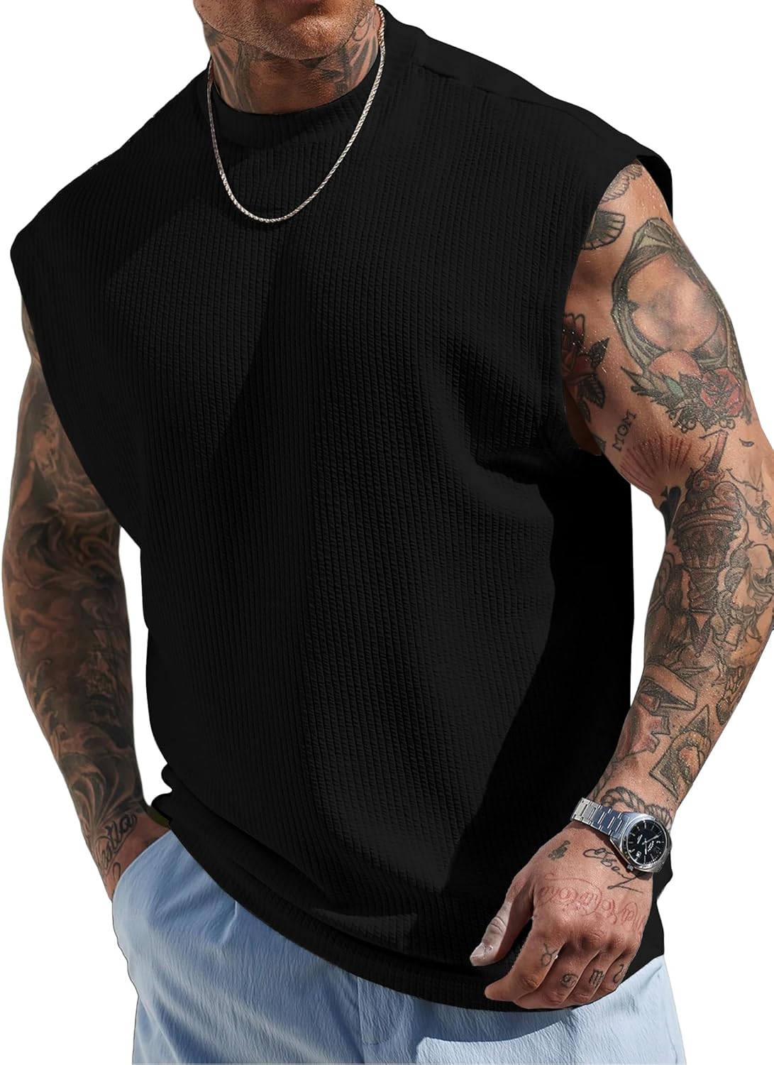Mens Tank Tops Textured Sleeveless Streetwear T Shirts Workout Muscle Gym Shirt