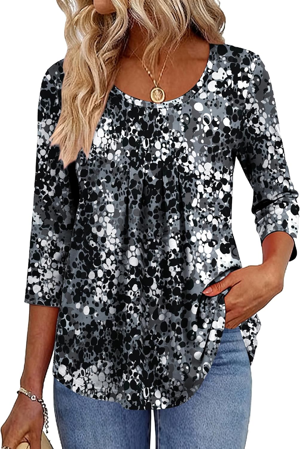 3/4 Sleeve Tops for Women Crew Neck Blouses Pleated Casual Shirts Fall Work Clothes 2026