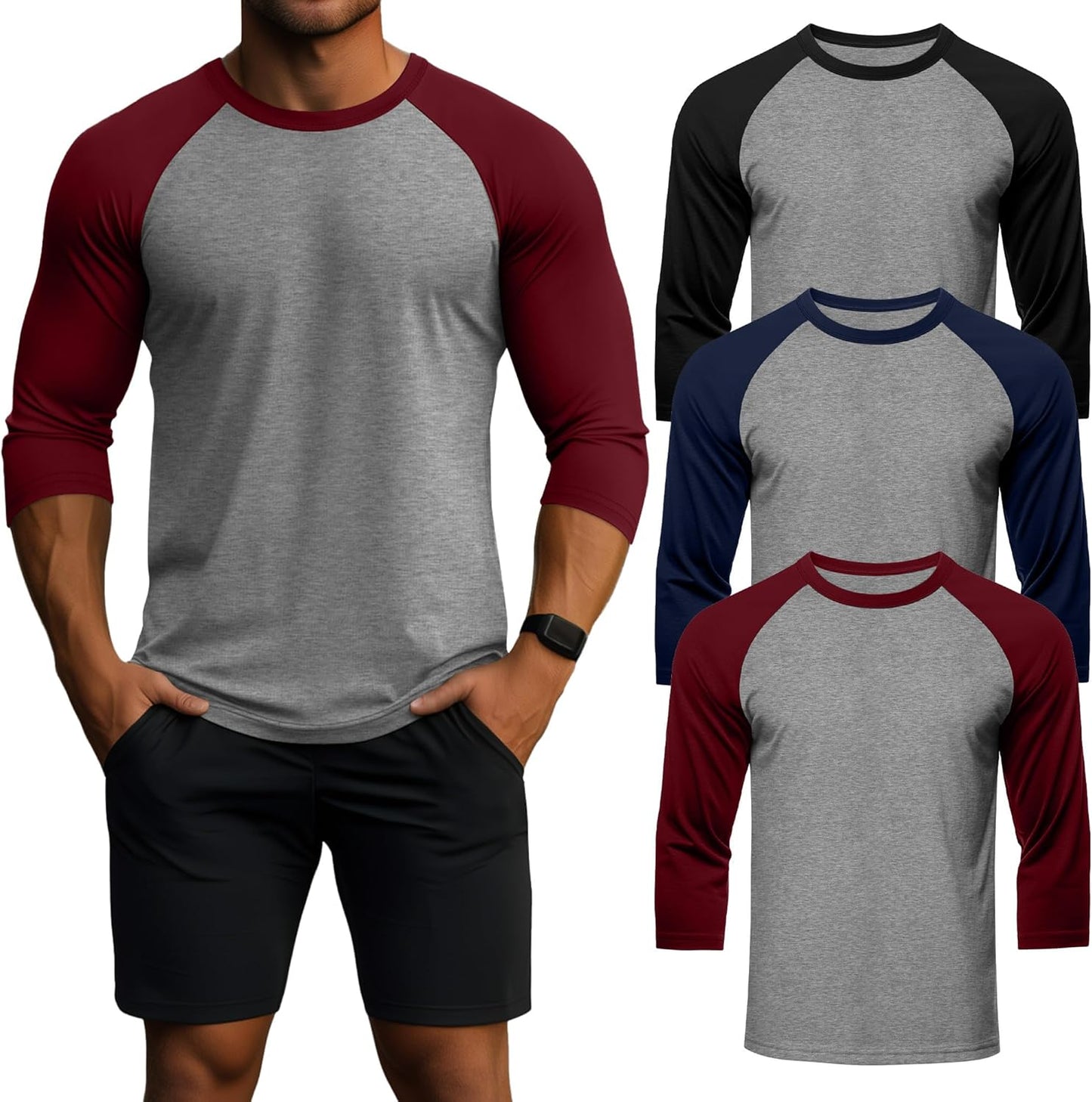 3 Pack Men's 3/4 Sleeve Shirts Crew Neck Baseball T Shirts Moisture Wicking Athletic Tops