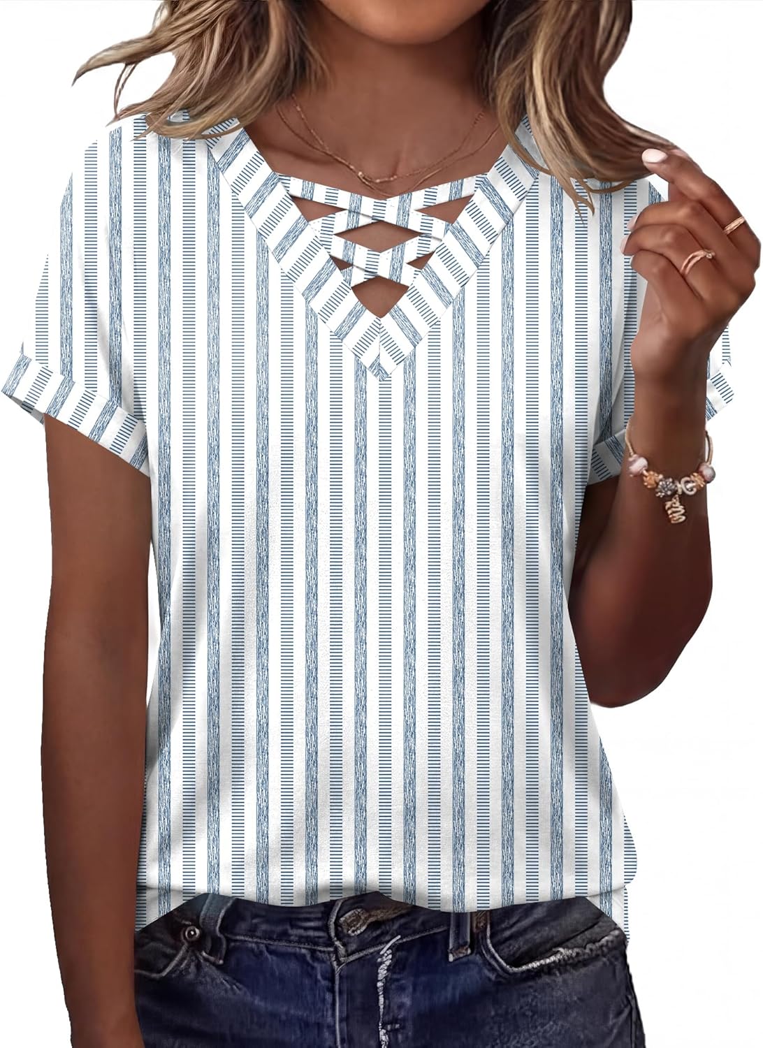 Short Sleeve Shirts for Women Spring Tops for Women 2026 V Neck Criss Cross Tees Womens Summer Tops
