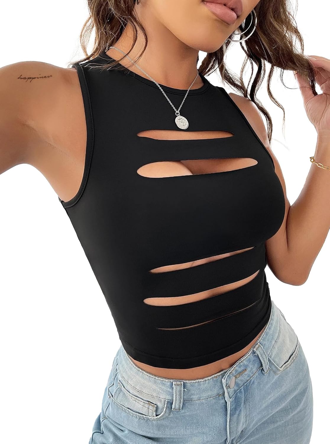 Women Sexy Cut Out Crop Tank Tops Crew Neck Summer Sleeveless Top