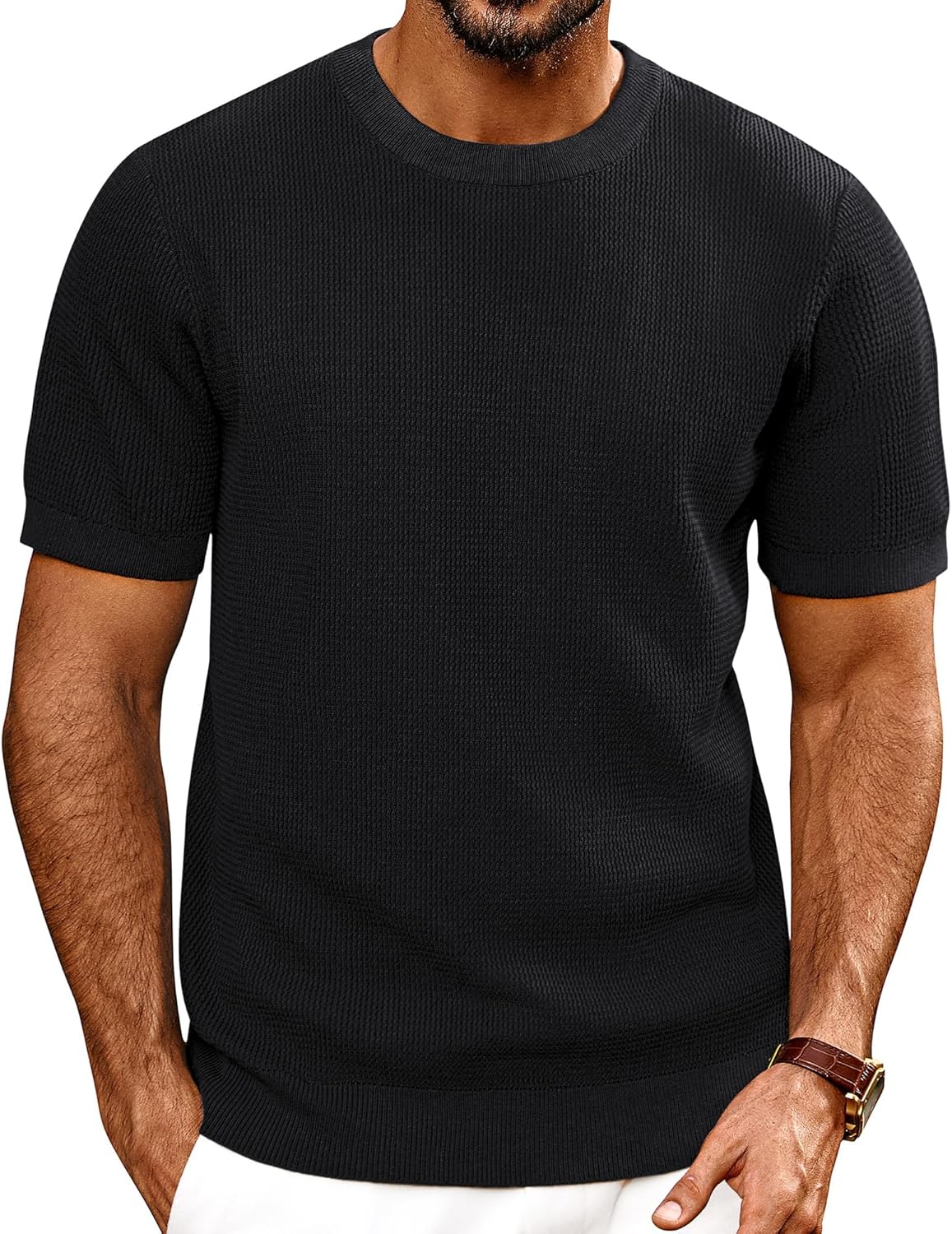 Mens T-Shirts Knit Short Sleeve Crewneck Shirt Casual Textured Pullover Tees