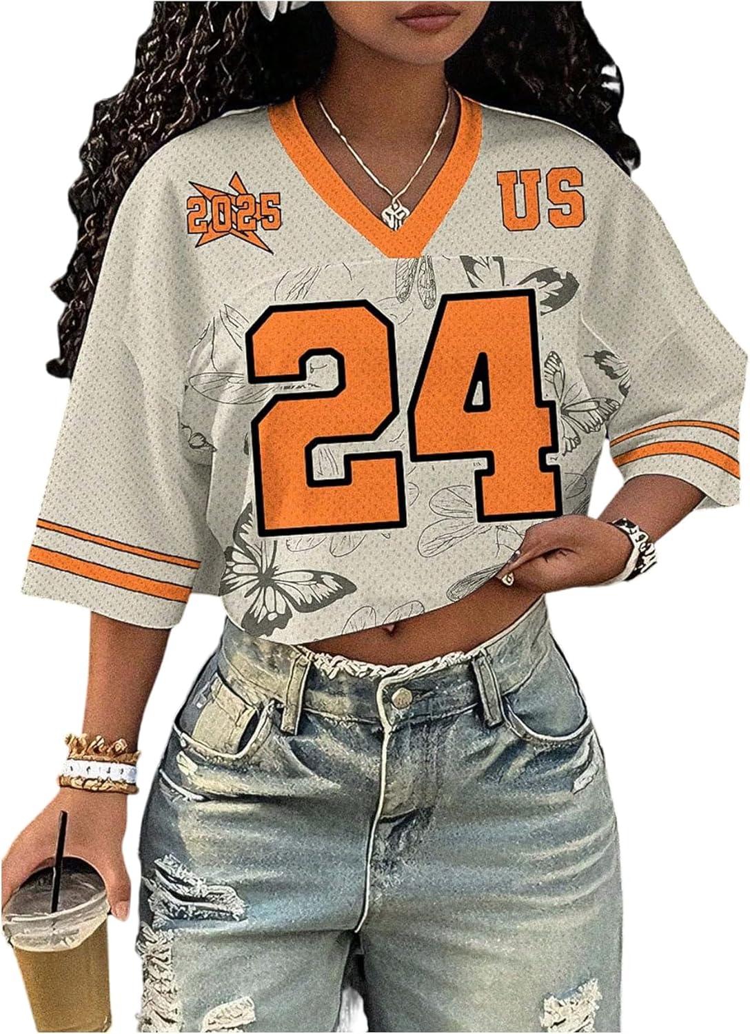 Women's Oversized Jersey Shirts Mesh Number Graphic Tees V Neck Streetwear Y2k Crop Tops