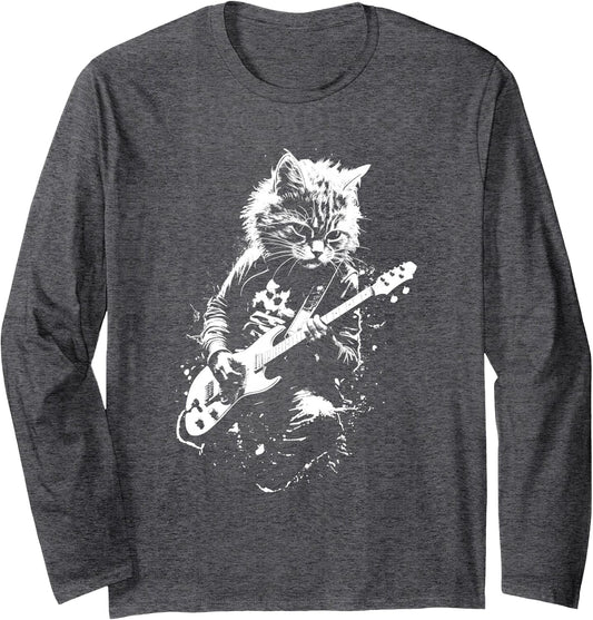 Distressed Cat Playing Guitar Punk Rock & Roll Vintage Long Sleeve T-Shirt